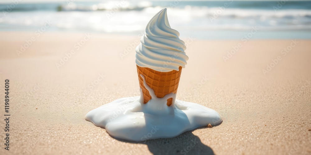 Obraz premium A cone of creamy white ice cream melting in the sunlight on a sandy beach, with waves gently lapping at its base, summer treat, sun-kissed, coastal scenery