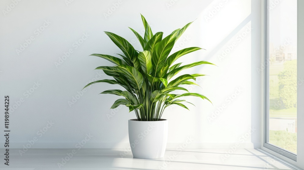 Fototapeta premium Indoor decorative plant in a modern white pot next to a bright window with natural light and copy space for text