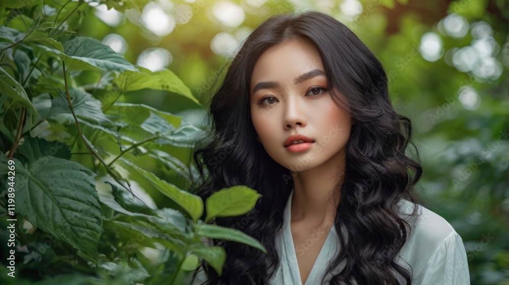 beautiful model girl, woman in green leaves portrait beautiful model girl, woman in green leaves portrait