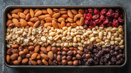 Fototapeta Naklejka Na Ścianę i Meble -  Assorted nuts and dried fruits displayed on a baking tray with copy space for text or design elements