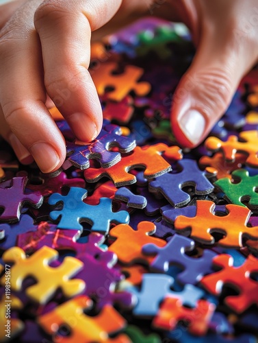 Color photo of a person assembling a puzzle, focused expression with colorful pieces spread out, warm indoor lighting