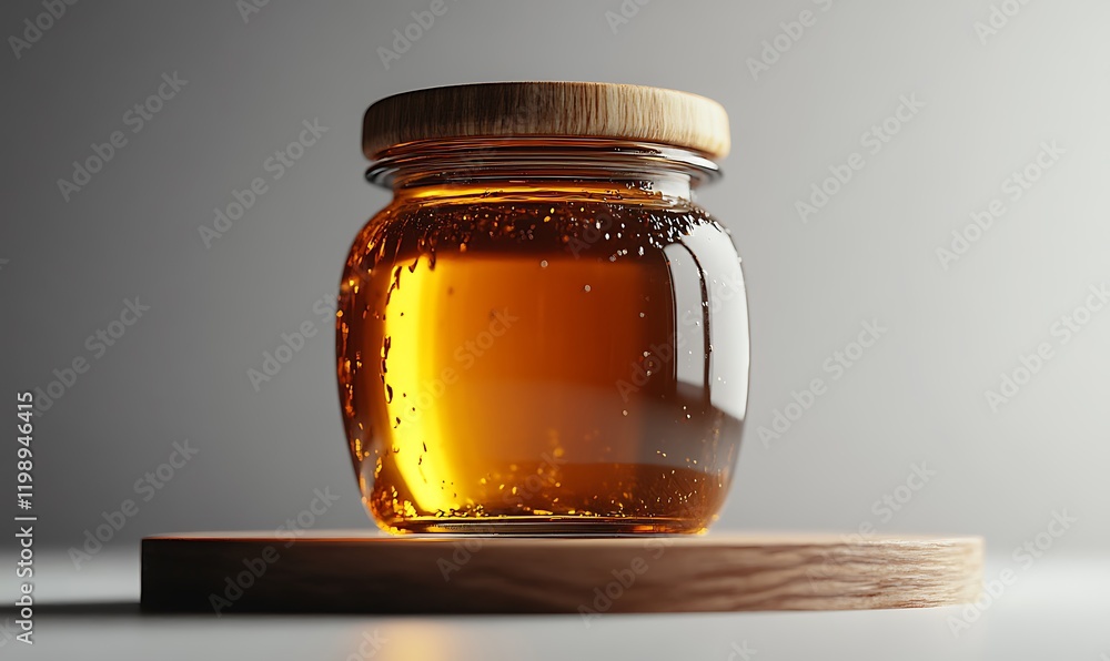 A jar of golden honey on a wooden board A jar of golden honey on a wooden board
