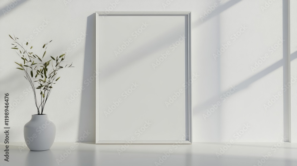 Minimalist interior with empty white frame on wall beside modern vase and plant in bright sunlight Copy Space Minimalist interior with empty white frame on wall beside modern vase and plant in bright sunlight Copy Space