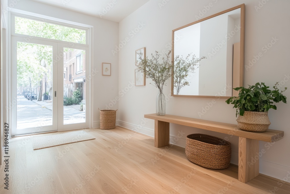 Bright and airy entryway with natural light and minimalist decor in a modern home Bright and airy entryway with natural light and minimalist decor in a modern home