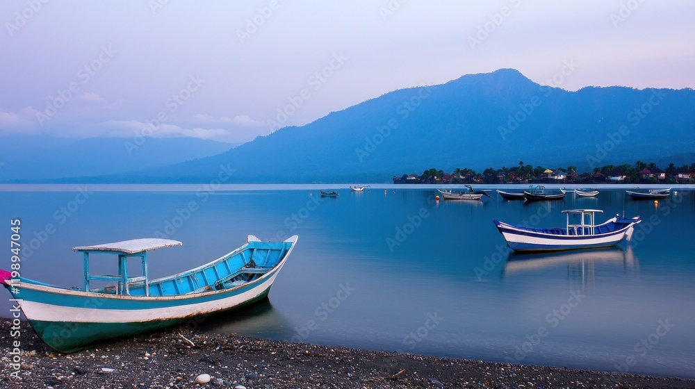 Fototapeta Peaceful lake with fishing boats at dawn