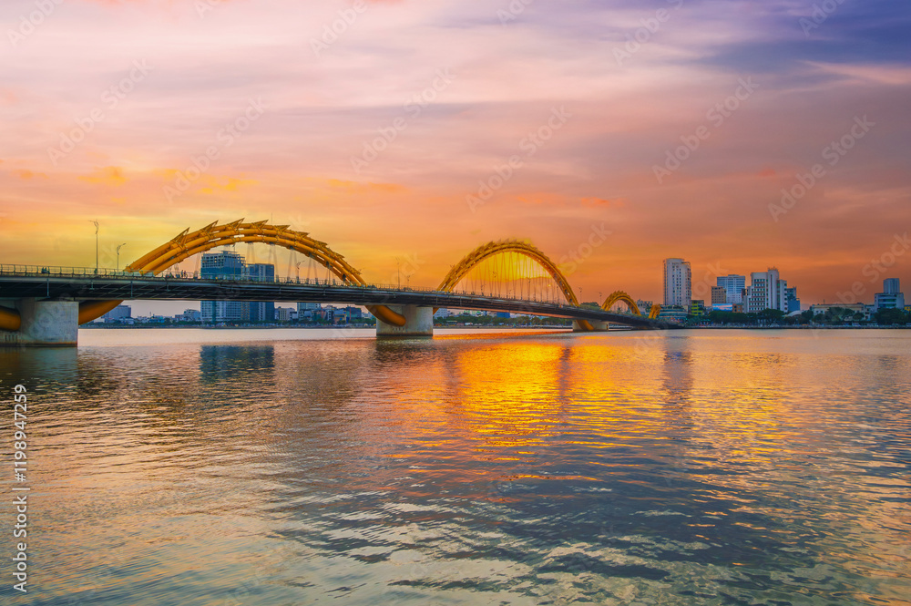 Da Nang, Vietnam: View of Dragon bridge at sunset. Da Nang, Vietnam: View of Dragon bridge at sunset.