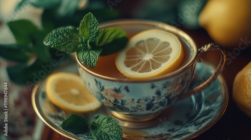 Lemon tea in floral china cup with lemon slices and mint leaves on decorative table with lemons in background Copy Space photo