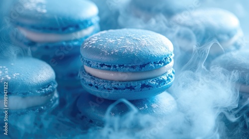 Blue macarons with a creamy filling surrounded by soft mist on a pastel background Copy Space photo