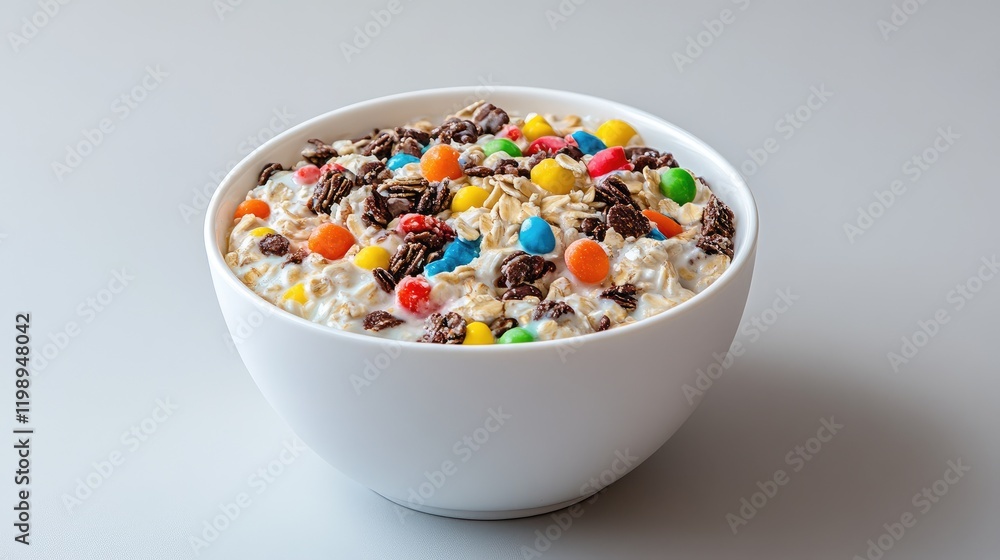 Bowl of cereal with chocolate puffs and colorful candy coated chocolate pieces on light background Copy Space Bowl of cereal with chocolate puffs and colorful candy coated chocolate pieces on light background Copy Space