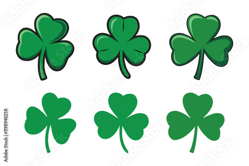 Set of Green Shamrock Clover Leaf in Cartoon and Flat Style – St. Patrick’s Day Lucky symbol vector collection, isolated on transparent background