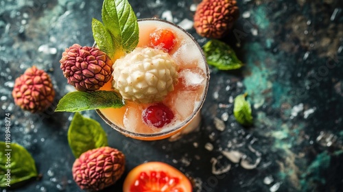 Tropical Lychee Cocktail with Mint Leaves Cherry and Fresh Fruits on Dark Textured Background Copy Space photo