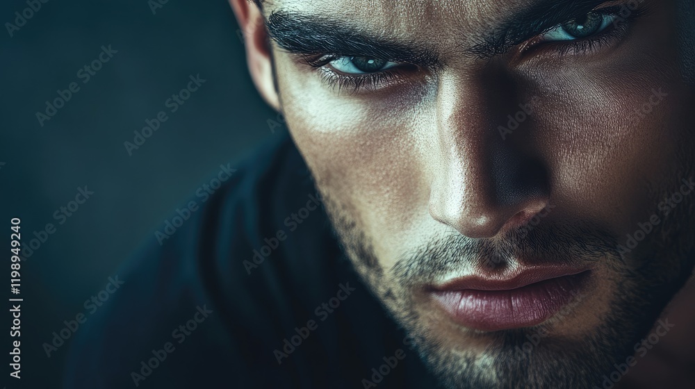 Intense close-up portrait of a male model with dramatic lighting highlighting rugged facial features and piercing blue eyes against a dark background with ample copy space for text