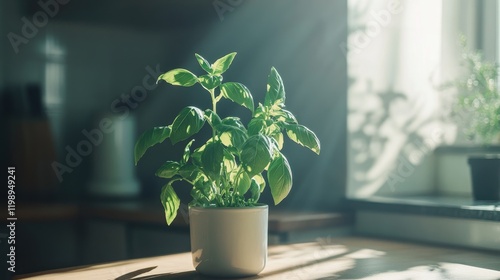 Fresh basil plant in a white pot placed on a wooden countertop with sunlight streaming through a window Copy Space photo