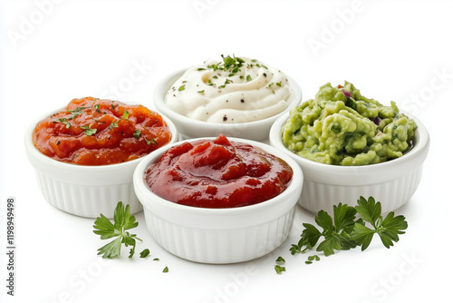 Bowls of four dipping sauces on a white background photo