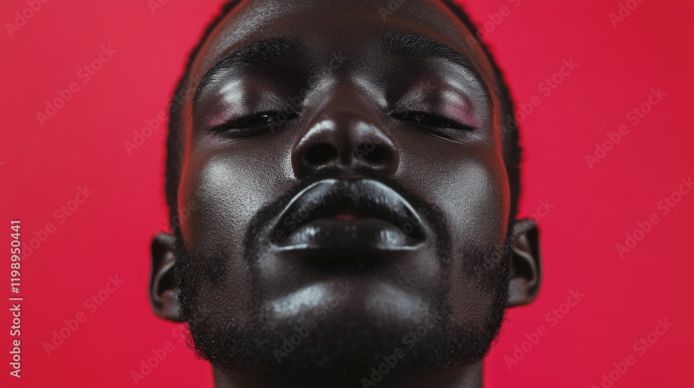 Close-up portrait of a man with dark skin against a vibrant red background Copy Space for text placement Close-up portrait of a man with dark skin against a vibrant red background Copy Space for text placement