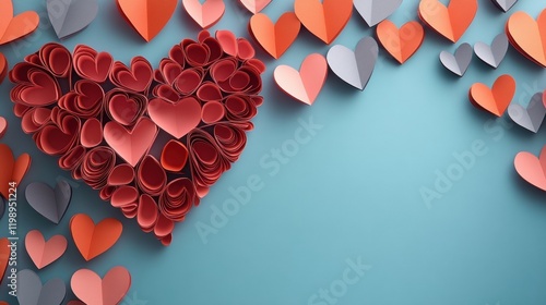 Colorful Paper Hearts Arranged on a Blue Background Creating a Heart