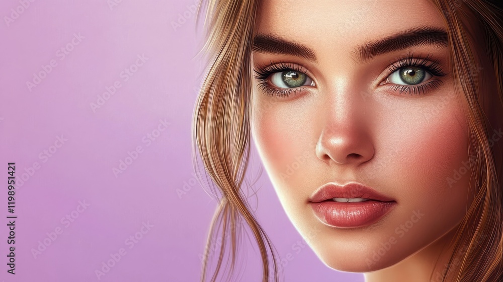 Portrait of beautiful young woman.The face of a beautiful with perfect smooth skin. on a pastel purple background. Portrait of beautiful young woman.The face of a beautiful with perfect smooth skin. on a pastel purple background.