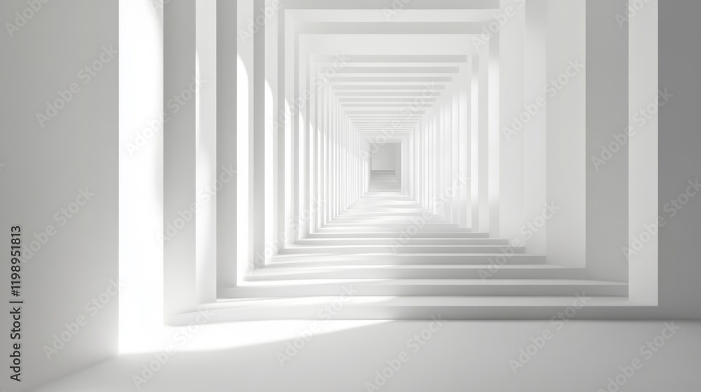 Abstract white tunnel perspective with multiple frames creating depth and light reflections. Copy Space available for text placement. Abstract white tunnel perspective with multiple frames creating depth and light reflections. Copy Space available for text placement.