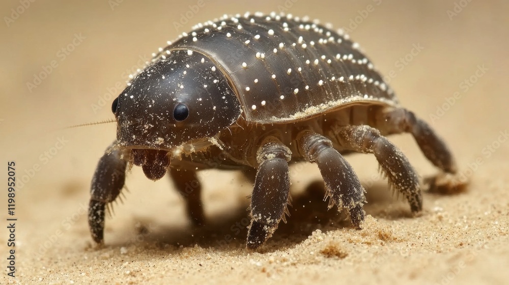 Close-Up of a Unique Isopod on Sandy Surface in Natural Environment Close-Up of a Unique Isopod on Sandy Surface in Natural Environment