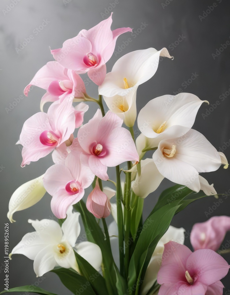 Fototapeta premium a mix of pastel pink orchids and white calla lilies, elegant vase, luxury gift