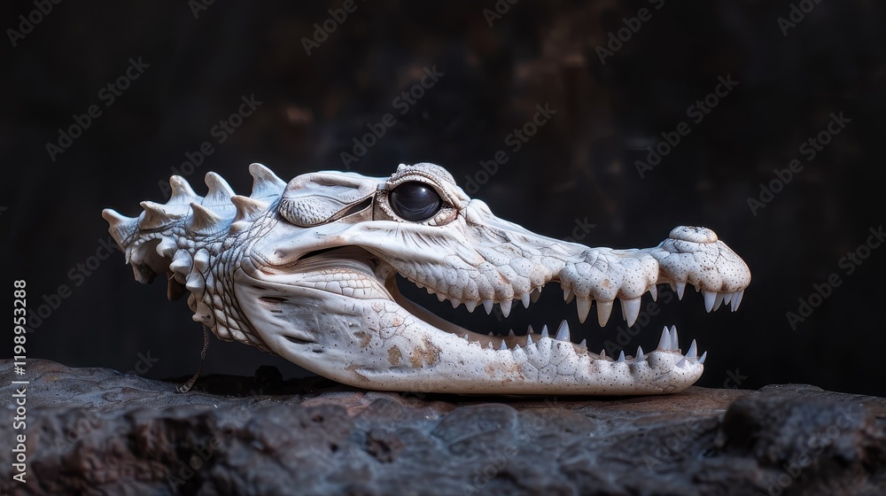 Obraz premium Prominent White Crocodile Skull in High Definition Close-Up Photo.