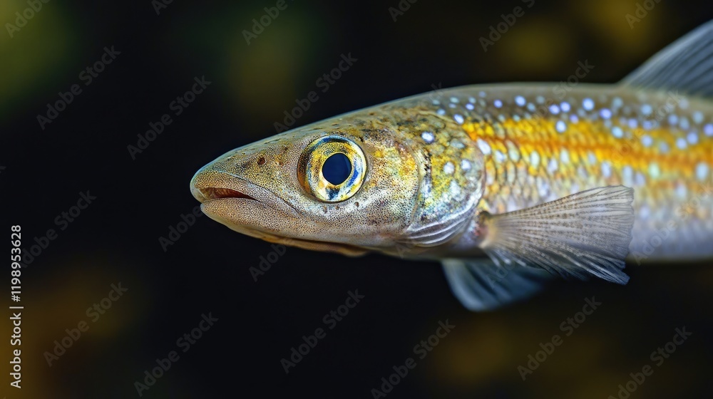 Fototapeta premium Close Up Portrait of Genetta Fish in Vibrant Gold and Blue Colors Against Dark Background with Empty Space for Text