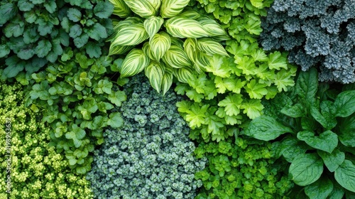 Detailed overhead view of diverse green ground covers, perennials, and shrubs with multiple shades of green and textures in a natural arrangement. photo