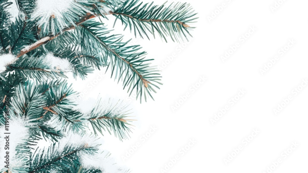 Close up of a snow-covered Christmas pine tree branch with green needles against a white background featuring ample copy space for seasonal text. Close up of a snow-covered Christmas pine tree branch with green needles against a white background featuring ample copy space for seasonal text.
