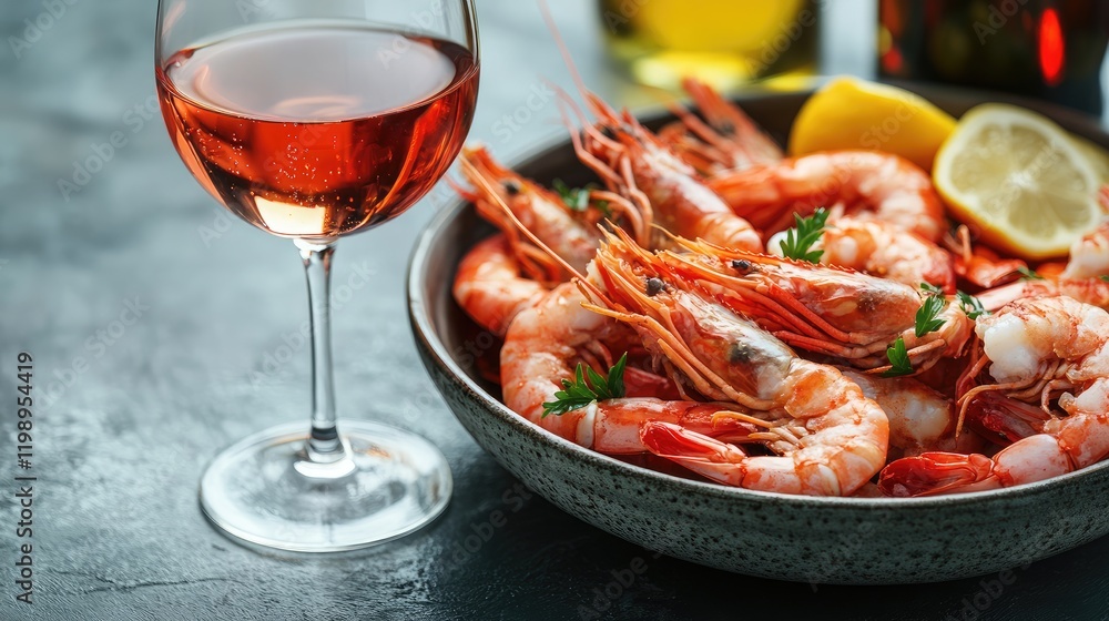 Wine Glass Next to Seafood Platter with Lemon and Herbs on Table, Close Up Photography Featuring Warm Tones and Textural Details Wine Glass Next to Seafood Platter with Lemon and Herbs on Table, Close Up Photography Featuring Warm Tones and Textural Details