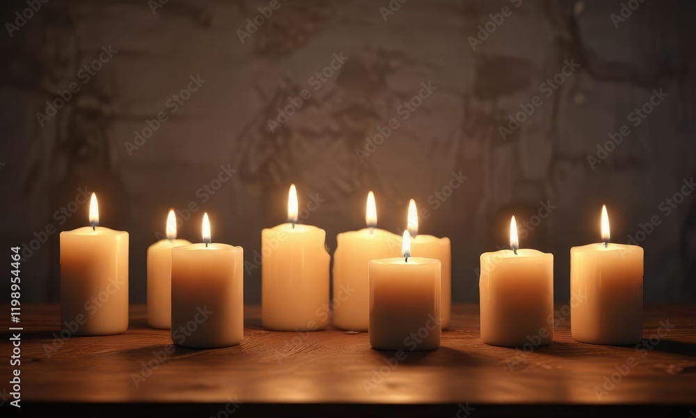 A peaceful and calming scene with six candles lit, gentle illumination, soft light A peaceful and calming scene with six candles lit, gentle illumination, soft light