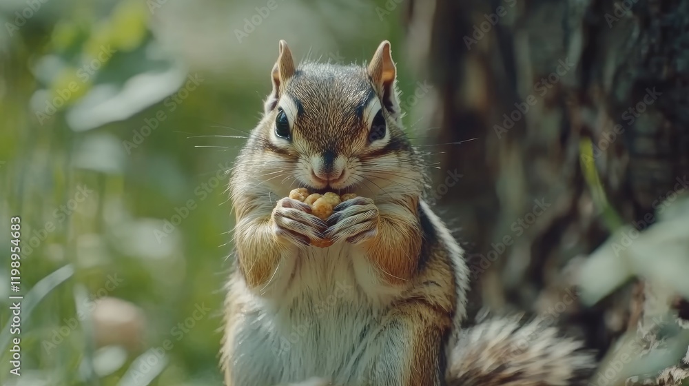 Obraz premium Close up of a striped chipmunk holding a nut in greenery with soft sunlight creating a serene outdoor atmosphere and ample copy space for text