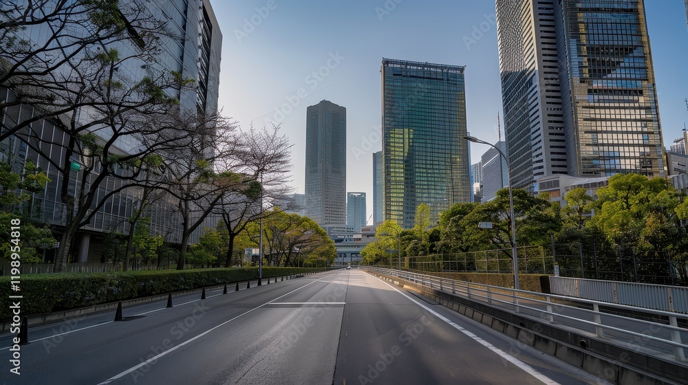 Fototapeta premium Modern skyscrapers lining a wide city road with sleek architecture.