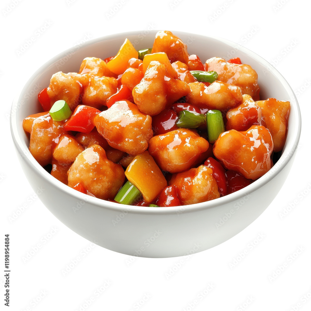 A delicious bowl of sweet and sour chicken with colorful vegetables. A delicious bowl of sweet and sour chicken with colorful vegetables.