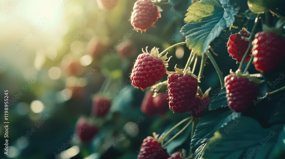 Fresh vibrant raspberries on green foliage in a sunlit garden, natural bokeh background for text placement, perfect for healthy lifestyle concepts. Fresh vibrant raspberries on green foliage in a sunlit garden, natural bokeh background for text placement, perfect for healthy lifestyle concepts.