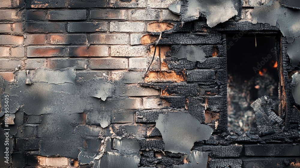 Charred brick wall with peeling paint and exposed textures in shades of black, gray, and orange; ideal for fire damage concepts or text placement. Charred brick wall with peeling paint and exposed textures in shades of black, gray, and orange; ideal for fire damage concepts or text placement.