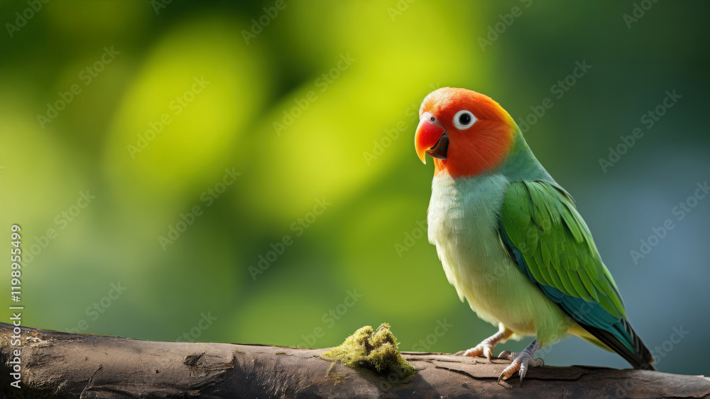Obraz premium Agapornis bird lover colorful on branch. Colorful bird perched on a branch in a lush green setting.