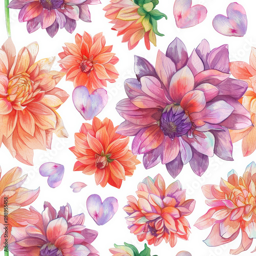 Colorful floral pattern featuring dahlias and petals on white background