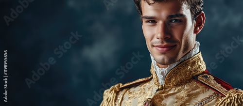 Royal Portrait of Charming Young Prince in Lavish Gold Outfit Against Dark Textured Background with Space for Custom Text photo