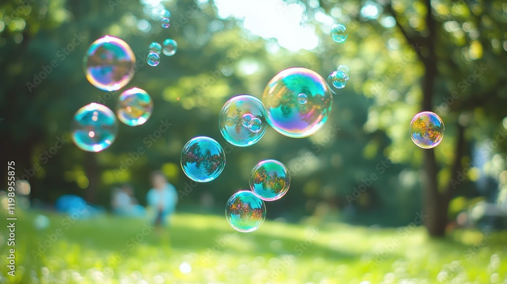 Children Playing with Colorful Bubbles in a Lush Green Park with Sunlight Filtering Through Trees and Clear Copy Space for Text Children Playing with Colorful Bubbles in a Lush Green Park with Sunlight Filtering Through Trees and Clear Copy Space for Text