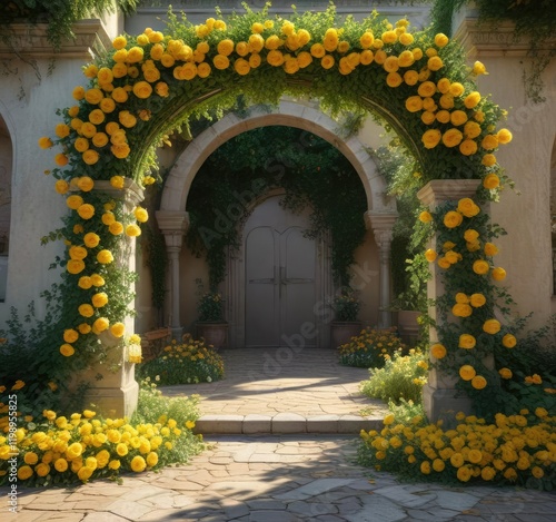 A picturesque archway flanked by a profusion of yellow roses and a tapestry of emerald green leaves, , green leaves photo