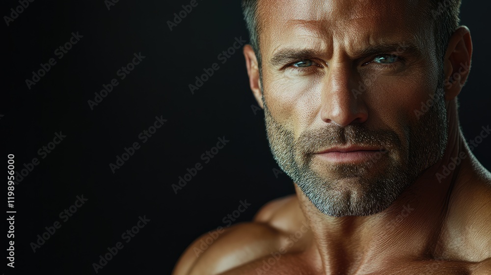 Intense close-up portrait of a powerful middle-aged Caucasian male bodybuilder against a dramatic black background showcasing muscle definition and strength. Intense close-up portrait of a powerful middle-aged Caucasian male bodybuilder against a dramatic black background showcasing muscle definition and strength.