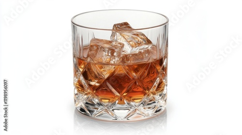 Glass of whiskey with ice cubes on a white background
