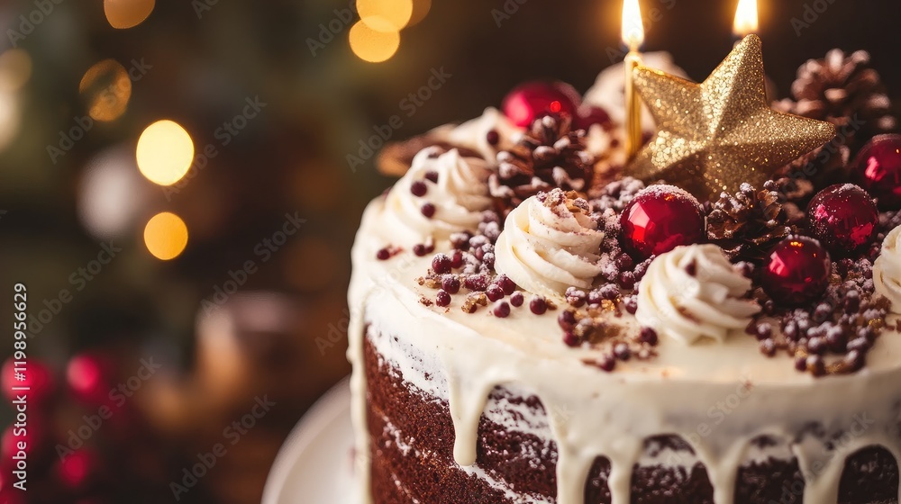 Festively Decorated Christmas Cake with Red Ornaments and Golden Star in Cozy Holiday Setting Against Blurred Background of Lights and Greens Festively Decorated Christmas Cake with Red Ornaments and Golden Star in Cozy Holiday Setting Against Blurred Background of Lights and Greens