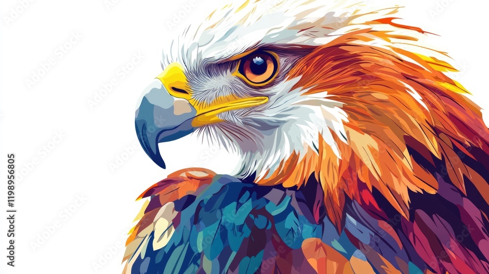 Fototapeta premium Colorful vector illustration of a majestic eagle with detailed feathers set against a white background with ample Copy Space.