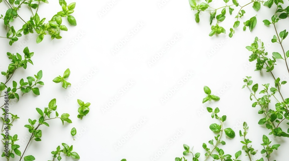 Close-up of fresh basil leaves arranged on a white background with space for text or design elements. Close-up of fresh basil leaves arranged on a white background with space for text or design elements.