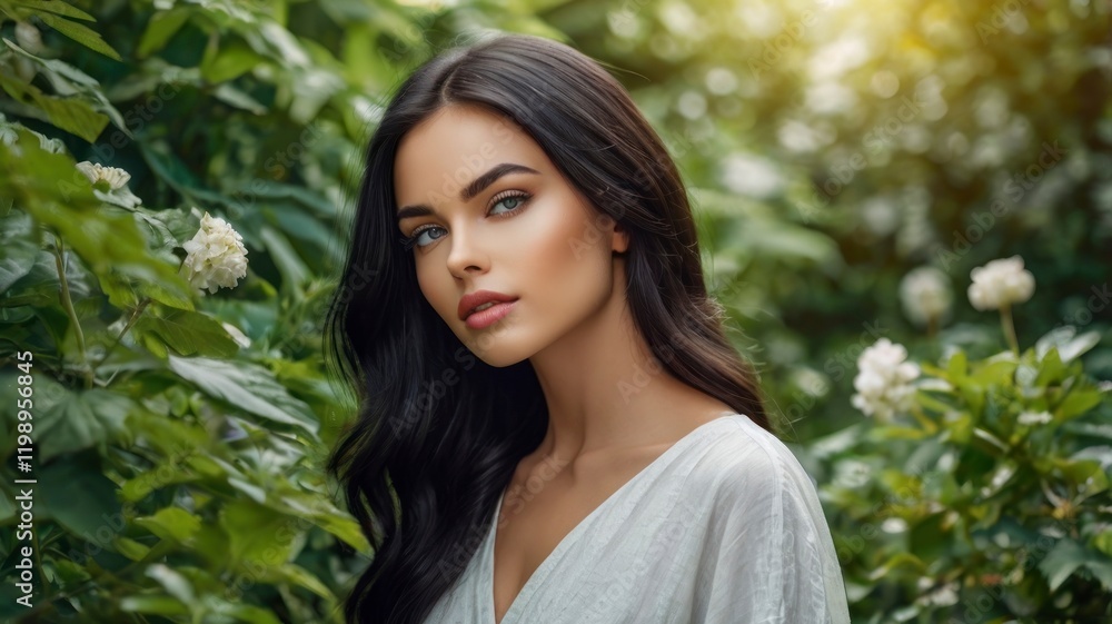 beautiful model girl, woman in green leaves portrait beautiful model girl, woman in green leaves portrait