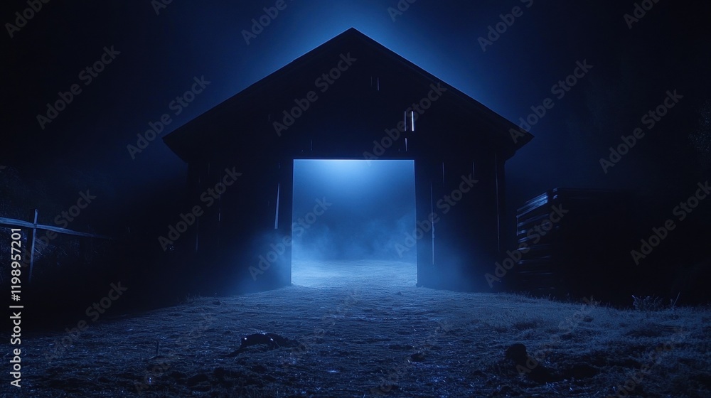 Mysterious Dark Barn Entrance Illuminated by Blue Light at Night Mysterious Dark Barn Entrance Illuminated by Blue Light at Night