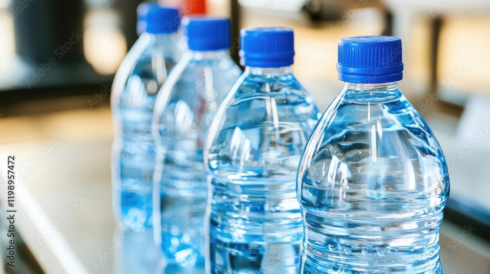 Row of clear plastic water bottles with blue caps on a table. Row of clear plastic water bottles with blue caps on a table.