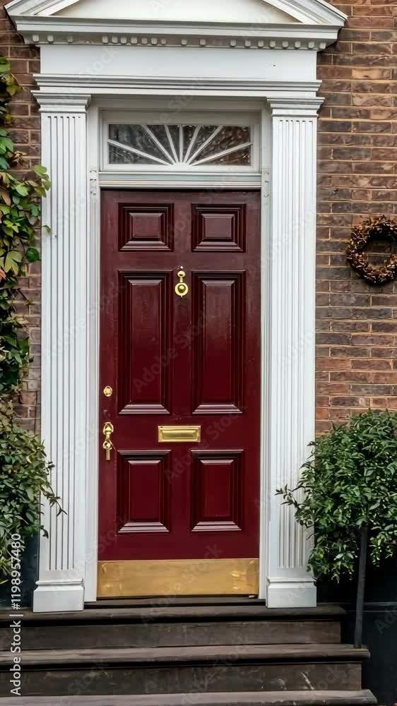 A striking red door framed by white columns welcomes visitors, surrounded by lush greenery and ivy-clad brick walls A striking red door framed by white columns welcomes visitors, surrounded by lush greenery and ivy-clad brick walls