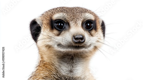 Detailed close-up portrait of a meerkat with expressive eyes, featuring soft brown and tan fur, isolated on bright white background, ideal for text placement photo